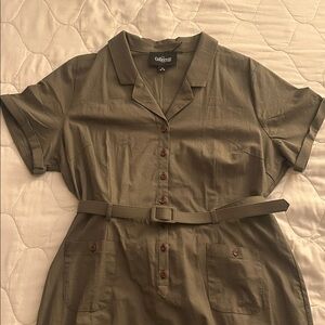 Collectif Clothing Army Green Button-Up Pencil Dress with Belt RARE
